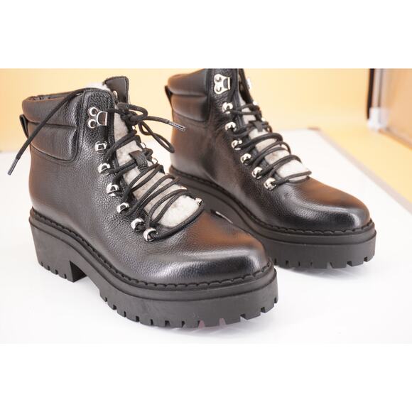 Marc Fisher Nairy Black Leather Shearling ankle boot size 7.5 biker Lugg wool - Picture 10 of 11